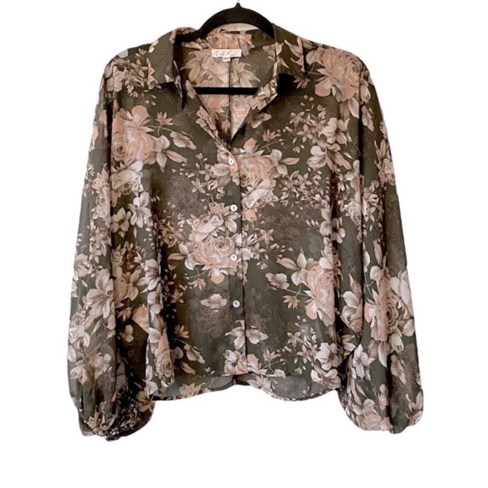 Women’s Button Down Shirt Sz XS Green Pink Brown Floral Puffy Sleeves Oversized